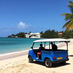 Caribbean Holidays, Cheap Culture Holidays, Budget-friendly Caribbean beach and town scene with a traveller using local transport and enjoying an authentic island experience