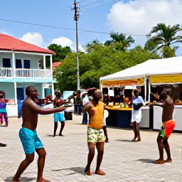 Caribbean Holidays, Cheap Culture Holidays, Colourful Caribbean street festival with dancers, musicians and local food stalls in a lively town square