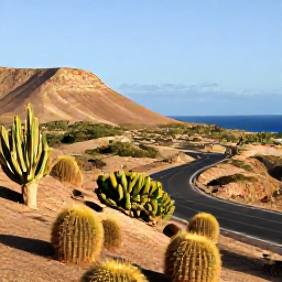 Caribbean Holidays, Cheap Cura&ccedil;ao April, Dry Cura&ccedil;ao landscape with cacti, rugged hills and a scenic coastal road in warm April sunshine