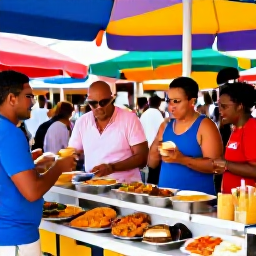 Caribbean Holidays, Cheap Cura&ccedil;ao Holidays, Friendly local market in Willemstad, Cura&ccedil;ao, with traditional food stalls and visitors sampling Caribbean dishes