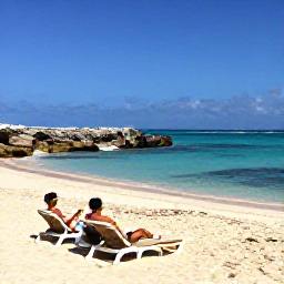 Caribbean Holidays, Cheap Cura&ccedil;ao Holidays, Quiet sandy beach in Cura&ccedil;ao with turquoise water, rocky coastline, sun loungers and a couple enjoying an affordable Caribbean beach day