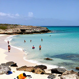 Caribbean Holidays, Cheap Cura&ccedil;ao Holidays, Sunbathers and snorkellers enjoying a clear turquoise bay with a sandy beach and rocky coastline in Cura&ccedil;ao