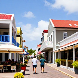 Caribbean Holidays, Cheap Cura&ccedil;ao Holidays, Travellers walking through colourful streets in historic Willemstad, Cura&ccedil;ao, with caf&eacute;s and distinctive Dutch-Caribbean architecture
