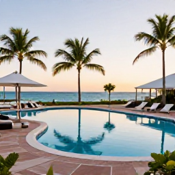 Caribbean Holidays, Cheap Cura&ccedil;ao June, Relaxed Cura&ccedil;ao resort terrace with a swimming pool, palm trees and warm evening light
