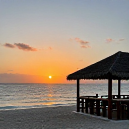 Caribbean Holidays, Cheap Cura&ccedil;ao May, Relaxed Cura&ccedil;ao sunset over the sea, with a small beach caf&eacute; and warm evening light