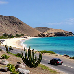 Caribbean Holidays, Cheap Cura&ccedil;ao May, Travellers driving along Cura&ccedil;ao coastline towards a secluded beach, with cacti, dry hills and bright Caribbean sunshine