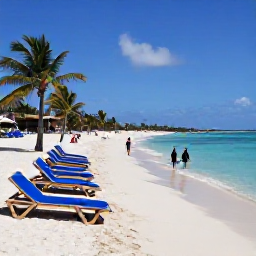 Caribbean Holidays, Cheap Cura&ccedil;ao October, Quiet sandy beach in Cura&ccedil;ao with turquoise water, sun loungers, palm trees and snorkellers near the shore
