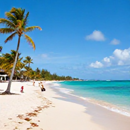 Caribbean Holidays, Cheap December Antigua, A bright, relaxed view of a sandy Antigua beach in December, with turquoise water, palm trees and a few travellers enjoying the sunshine