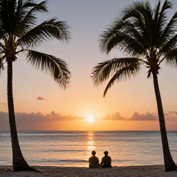 Caribbean Holidays, Cheap December Antigua, A couple watching the sunset from an Antigua beach in December, with warm evening light, calm sea and silhouettes of palm trees