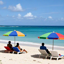 Caribbean Holidays, Cheap December Antigua, Travellers enjoying a calm December afternoon at a Caribbean beach in Antigua, with sun loungers, gentle waves and colourful umbrellas