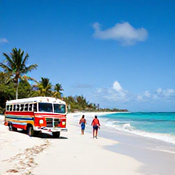 Caribbean Holidays, Cheap December Barbados, Barbados beach with a colourful local bus, visitors walking along the shore and tropical scenery under clear blue skies