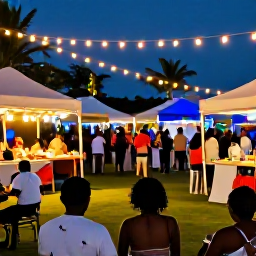 Caribbean Holidays, Cheap December Barbados, Festive Barbados evening with outdoor Christmas lights, live music, local food stalls and people enjoying the warm tropical air