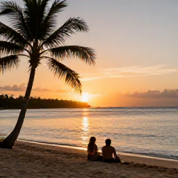 Caribbean Holidays, Cheap December Barbados, Relaxed couple watching a Barbados sunset from a sandy beach with calm sea, palm silhouettes and warm evening light