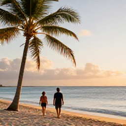 Caribbean Holidays, Cheap December Cura&ccedil;ao, A couple walking beside a calm Cura&ccedil;ao beach at golden hour, with palm trees, warm sunlight and the Caribbean Sea behind them