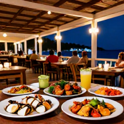 Caribbean Holidays, Cheap December Cura&ccedil;ao, A relaxed Cura&ccedil;ao restaurant terrace in the evening with local seafood, colourful plates, warm lights and diners enjoying the atmosphere