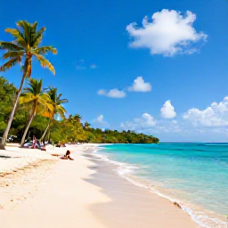 Caribbean Holidays, Cheap December Guadeloupe, Anse du Souffleur beach in Guadeloupe with calm clear water, golden sand and visitors relaxing under palm trees
