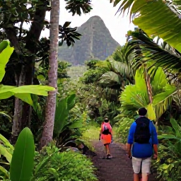 Caribbean Holidays, Cheap December Guadeloupe, Lush Guadeloupe rainforest trail near a waterfall with tropical plants, volcanic mountains and hikers
