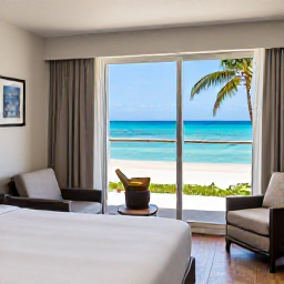 Caribbean Holidays, Cheap December Holidays, A comfortable budget-friendly hotel room near the beach in Providenciales, with tropical views and simple modern furnishings
