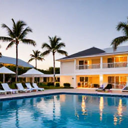 Caribbean Holidays, Cheap December Holidays, A comfortable Caribbean resort beside a swimming pool, with loungers, palm trees and warm evening light