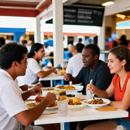 Caribbean Holidays, Cheap December Holidays, A friendly local market and casual seafood restaurant in Providenciales, Turks and Caicos, with visitors enjoying an affordable Caribbean meal