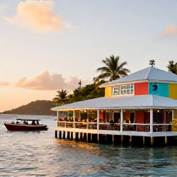 Caribbean Holidays, Cheap December Holidays, Colourful Caribbean waterfront restaurant in the British Virgin Islands at sunset, with diners, small boats and warm evening light