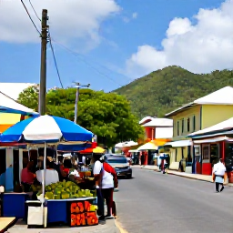 Caribbean Holidays, Cheap December Holidays, Colourful Kingstown street in Saint Vincent with local market stalls, tropical produce and Caribbean town life