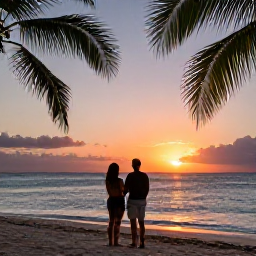 Caribbean Holidays, Cheap December Holidays, Couple watching a colourful Caribbean sunset from a Dominican Republic beach, with palm silhouettes and calm sea