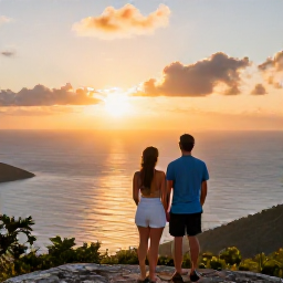 Caribbean Holidays, Cheap December Holidays, Couple watching a golden sunset over the Caribbean Sea from a scenic viewpoint in the United States Virgin Islands