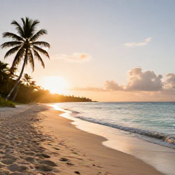Caribbean Holidays, Cheap December Holidays, Grand Anse Beach in Grenada at sunrise, calm turquoise water, soft golden sand and a few palm trees