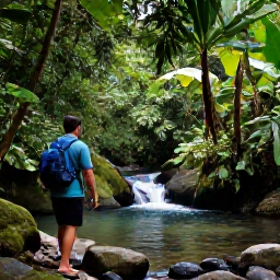 Caribbean Holidays, Cheap December Holidays, Hikers walking through lush Dominica rainforest beside a clear river and a small waterfall