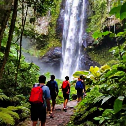 Caribbean Holidays, Cheap December Holidays, Hikers walking through lush Trinidad rainforest towards a waterfall, with tropical plants and filtered sunlight