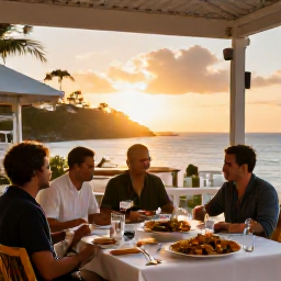 Caribbean Holidays, Cheap December Holidays, Outdoor Caribbean restaurant in Grand Case, Saint Martin, serving fresh seafood at sunset with warm December light