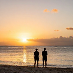 Caribbean Holidays, Cheap December Holidays, Peaceful Caribbean beach on Saint Martin at sunset, with a couple watching the horizon and warm golden light