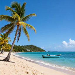 Caribbean Holidays, Cheap December Holidays, Relaxed Caribbean beach in Saint Vincent with palm trees, calm turquoise water and a small wooden fishing boat