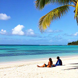 Caribbean Holidays, Cheap December Holidays, Relaxed Caribbean beach on Nevis with clear water, soft sand, coconut palms and a couple enjoying a peaceful December afternoon