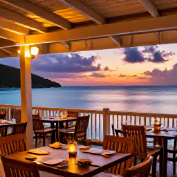Caribbean Holidays, Cheap December Holidays, Relaxed Caribbean restaurant terrace at sunset in the United States Virgin Islands, local food, warm lights and sea views