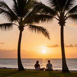 Caribbean Holidays, Cheap December Holidays, Relaxed Caribbean sunset over Tobago coastline with palm trees, warm light and a couple enjoying a peaceful holiday