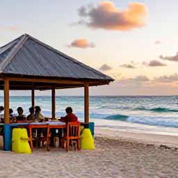 Caribbean Holidays, Cheap December Holidays, Relaxed evening scene at a small Grenada beachfront restaurant, colourful local food, gentle sea and warm sunset light