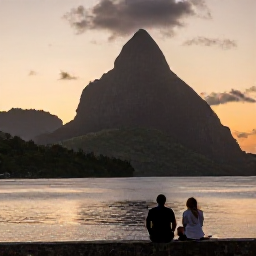Caribbean Holidays, Cheap December Holidays, Saint Lucia sunset over the Pitons, with warm evening light, calm sea and a couple enjoying the view