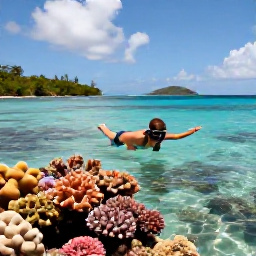 Caribbean Holidays, Cheap December Holidays, Snorkeller exploring clear shallow water over a colourful coral reef near St John, United States Virgin Islands, sunny Caribbean scene