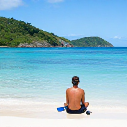 Caribbean Holidays, Cheap December Holidays, Traveller enjoying a calm Caribbean beach in the British Virgin Islands during December, with snorkelling gear, clear water and green hills