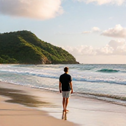 Caribbean Holidays, Cheap December Holidays, Traveller enjoying a quiet tropical beach in Tobago during December, with gentle waves, green hills and soft morning sunshine