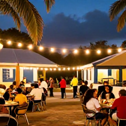 Caribbean Holidays, Cheap December Martinique, Festive evening in Martinique with warm lights, a village square, local food and relaxed holiday visitors