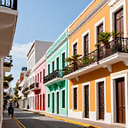 Caribbean Holidays, Cheap December Puerto Rico, Colourful Old San Juan streets with pastel colonial buildings, balconies, tropical plants and warm December sunlight