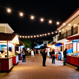 Caribbean Holidays, Cheap December Puerto Rico, Festive Puerto Rican town square at night with string lights, musicians, local food stalls and cheerful December visitors