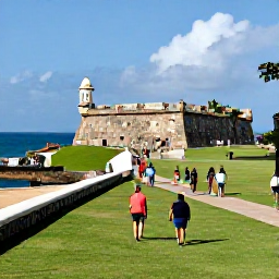 Caribbean Holidays, Cheap December Puerto Rico, Historic Castillo San Felipe del Morro overlooking the sea in Old San Juan, with visitors walking along the green esplanade