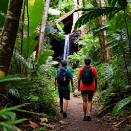 Caribbean Holidays, Cheap Dominica Holidays, A lush Dominica rainforest trail with a small waterfall, tropical plants and two travellers exploring in comfortable walking clothes