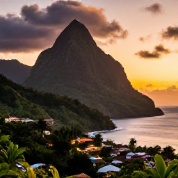 Caribbean Holidays, Cheap Dominica Holidays, A sunset view over Dominica&rsquo;s green mountains and Caribbean coastline, with a small village glowing below