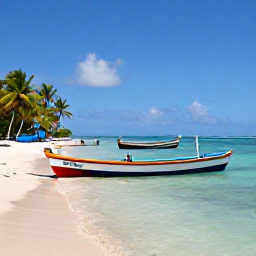 Caribbean Holidays, Cheap Dominica July, Calm Caribbean bay on Dominica with colourful fishing boats, palm trees and snorkellers in July