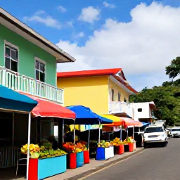 Caribbean Holidays, Cheap Dominica July, Friendly Roseau street scene in Dominica with colourful buildings, local market stalls and fresh tropical produce